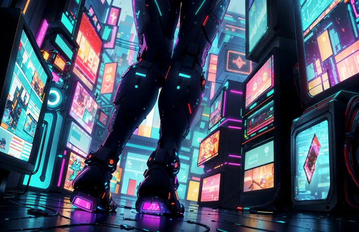 <lora:AdsTech:0.8> adstech, colorful symbols , hologram, scifi, (masterpiece, best quality, highly detailed:1.2), (photo, low angle, dutch angle), (cyberpunk alley), tv product ad, feet, from behind, rainy, wet, tv, news channel, matrix, cybernetic, futuristic neons, luminous technology,