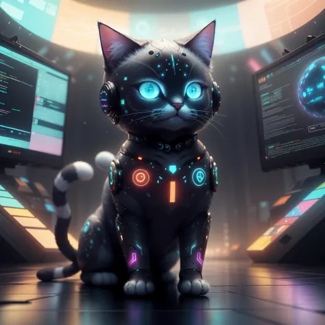 <lora:AdsTech-20:0.9>, adstech , scifi, colorful symbols), hologram,
red, metal body , cat