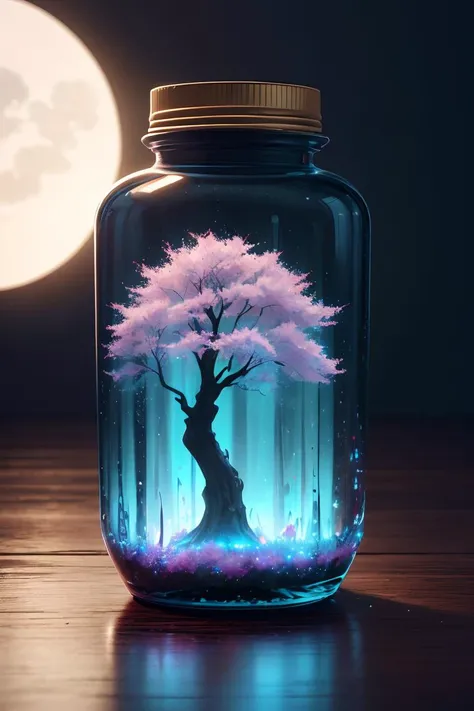 masterpiece,high quality,best quality,sakura tree in a bottle,fluffy,realistic,atmospheric light refraction,by lee jeffries nikon d850 film stock photograph 4 kodak portra 400 camera f1.6 lens rich colors hyper realistic lifelike texture dramatic lighting unreal engine trending on artstation cinestill 800,Style-Glass,adstech,scifi,<lora:AdsTech-20:0.8>,