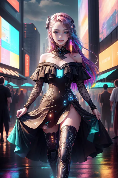 official art,unity 8k wallpaper,ultra detailed,beautiful and aesthetic,masterpiece,best quality,fullbody,1girl,freckles,very long hair,multicolored hair,eyelashes,blue eyes,extremely detailed,highest detailed,<lora:add_detail:0.7>,crowd,smirk,off-shoulder_dress,fountain,stylish_pose,downtown,adstech,colorful symbols,hologram,scifi,<lora:AdsTech:1>,chromatic dispersion,glowing colors,skirt_hold,fine_fabric_emphasis,, (intricate details:0.9), (hdr, hyperdetailed:1.2)