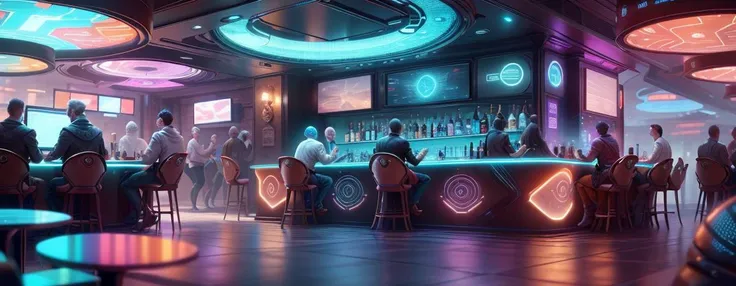 bar Lounge,no humans,
<lora:AdsTech-20:0.9>, adstech , scifi, colorful symbols, hologram, ads, social media ,