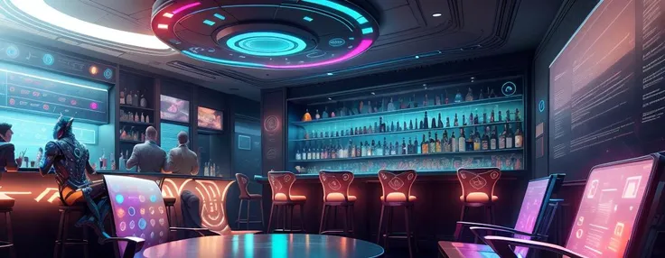 bar Lounge,no humans,
<lora:AdsTech-20:0.8>, adstech , scifi, colorful symbols, hologram,
