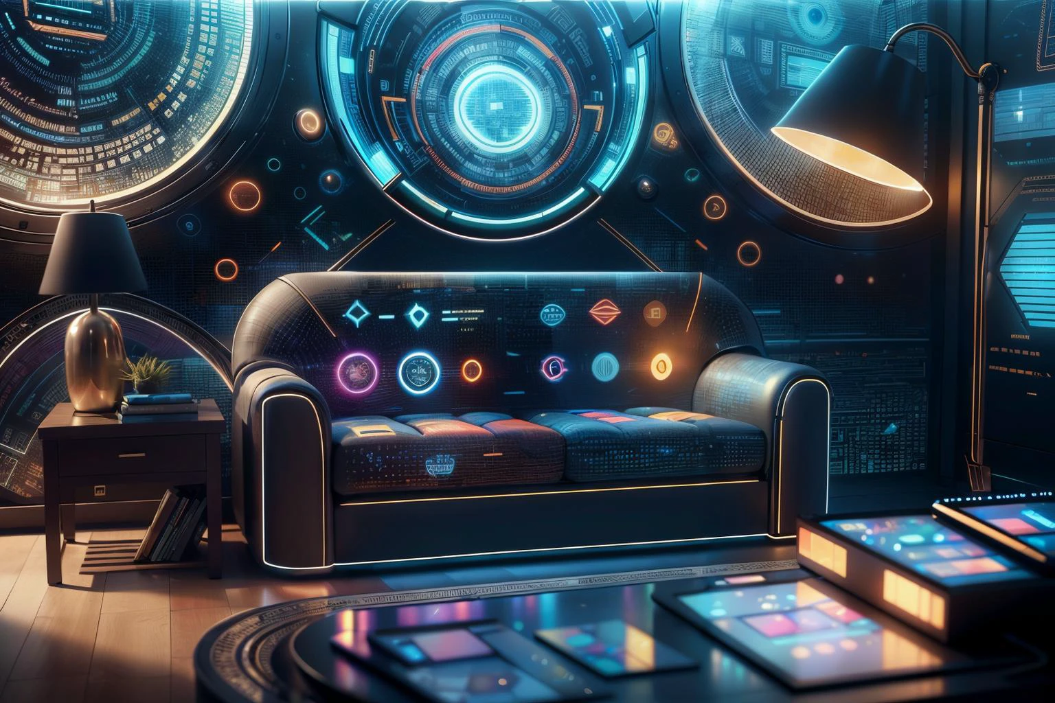 masterpiece, adstech, living room, scifi, colorful symbols, holographic, best quality, <lora:AdsTech:1>