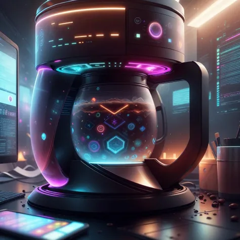 <lora:AdsTech-20:0.9>, adstech , scifi, colorful symbols, hologram,
coffee machine