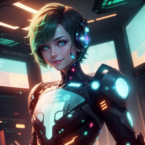 <lora:AdsTech-20:0.9>, adstech , scifi, led screens, symbols , text , ads,
scholar , scroll, 1girl,short hair, green hair, glowing eyes, smile ,closed mouth, glowing body,