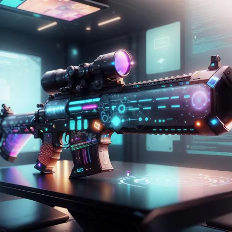 <lora:AdsTech-20:0.8>, adstech , scifi,   colorful symbols),  hologram,
rifle displayed on a table ,