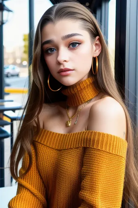 BertaCastane piercing eyes, looking straight, long hair, wearing an off-shoulder sweater, choker, closeup portrait, in a outdoor cafe in 2015, afternoon light, <lora:BertaCastane:0.9>