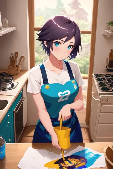 <MakeItPopVA:1.2> (Screen print:1.3), (thick outlines:1.1) Beautiful euro girl ((perfect hand)) wearing modern streetwear doing chores <Style-Kitchen>, intricate detail kitchen props, smooth soft skin, big dreamy eyes, beautiful intricate colored hair, symmetrical, anime wide eyes, soft lighting, detailed face, by makoto shinkai, stanley artgerm lau, wlop, rossdraws, concept art, digital painting, looking into viewer highly detailed, octane render