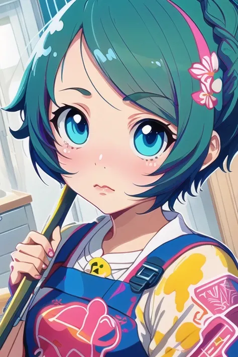 (Screen print:1.3), (thick outlines:1.1) Beautiful euro girl ((perfect hand)) wearing modern streetwear doing chores <Style-Kitchen>, intricate detail kitchen props, smooth soft skin, big dreamy eyes, beautiful intricate colored hair, symmetrical, anime wide eyes, soft lighting, detailed face, by makoto shinkai, stanley artgerm lau, wlop, rossdraws, concept art, digital painting, looking into viewer highly detailed, octane render