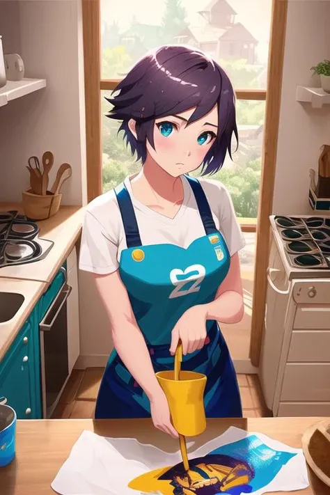 <MakeItPopVA:1.2> (Screen print:1.3), (thick outlines:1.1) Beautiful euro girl ((perfect hand)) wearing modern streetwear doing chores <Style-Kitchen>, intricate detail kitchen props, smooth soft skin, big dreamy eyes, beautiful intricate colored hair, symmetrical, anime wide eyes, soft lighting, detailed face, by makoto shinkai, stanley artgerm lau, wlop, rossdraws, concept art, digital painting, looking into viewer highly detailed, octane render
