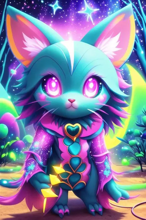 A magical gelly cute creature practicing sorcery in a beautiful forest by lisa frank, david mcleod full-body, neon glow colors, highly intricate details, 3d, cgi, realistic light, trending on cgsociety, glowing eyes, facing camera, neon details, ultra realistic details, portrait, sci fi atmosphere, global illumination, shadows, octane render, 8 k, ultra sharp, surreal, dynamic pose,