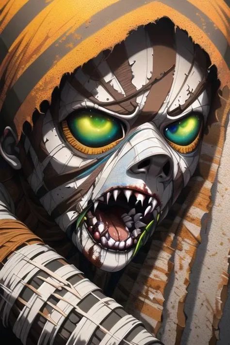 medium close up photo of the most beautiful artwork in the world featuring soft lustrous, real world, fantastic location, beautiful landscape environment, ((yelling mean looking decaying dead zombified scary Egyptian male mummy covered in weathered bandages yelling )), 8k unity render, action shot, very dark lighting, heavy shadows, detailed, (vibrant, photo realistic, realistic, dramatic, dark, sharp focus, 8k), (intricate:1.1), (highly detailed:1.1), digital painting, octane render, artstation, concept art, smooth, sharp focus, illustration, (studio light)