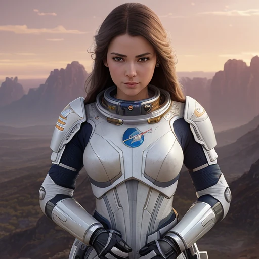 (extremely detailed CG unity 8k wallpaper), full shot body photo of a (((beautiful badass woman space solider))) with ((white hair)), ((wearing an advanced futuristic fight suit)), ((standing on a battlefield)), debris of a wrecked spaceship and stars and space, floating in space, sexy, professional majestic oil painting by Ed Blinkey, Atey Ghailan, Studio Ghibli, by Jeremy Mann, Greg Manchess, Antonio Moro, trending on ArtStation, trending on CGSociety, Intricate, High Detail, Sharp focus, dramatic, by midjourney and greg rutkowski, realism, beautiful and detailed lighting, shadows, by Jeremy Lipking, by Antonio J. Manzanedo, by Frederic Remington, by HW Hansen, by Charles Marion Russell, by William Herbert Dunton