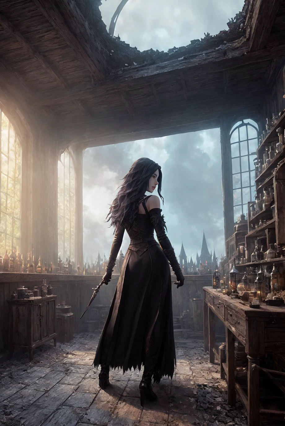 by Greg Rutkowski, modelshoot style, (extremely detailed CG unity 8k wallpaper), an evil beautiful witch is doing chemical experiments in an old abandoned medieval hut with black magic and a lot of alchemical test tubes, dark fantasy style, masterpiece, highest quality, lens flare, shade, bloom, [[chromatic aberration]],  digital painting ,ultra-detailed ,  sharp focus, vivid colors