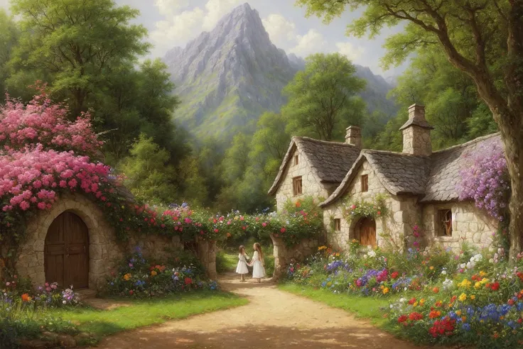 hobbits village in Shire, underground houses near a beautiful garden with fruit trees and vegetable gardens, (fields in the background)++, the lord of the rings universe. Pierre Auguste Cot, Oil on Canvas, 1873, highly detailed, matte, elegant, the most beautiful image ever seen, illustration, digital paint, sharp, dramatic lighting, beautiful, epic composition, full of color