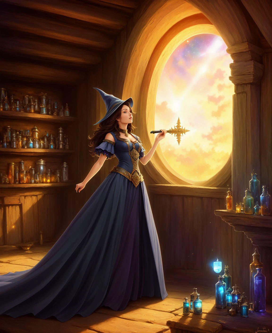 by justin gerard, modelshoot style, (extremely detailed CG unity 8k wallpaper), an evil beautiful witch is doing chemical experiments in an old abandoned medieval hut with black magic and a lot of alchemical test tubes, dark fantasy style, masterpiece, highest quality, lens flare, shade, bloom, [[chromatic aberration]], by Jeremy Lipking, by Antonio J. Manzanedo, digital painting ,ultra-detailed , wind , sharp focus, vivid colors