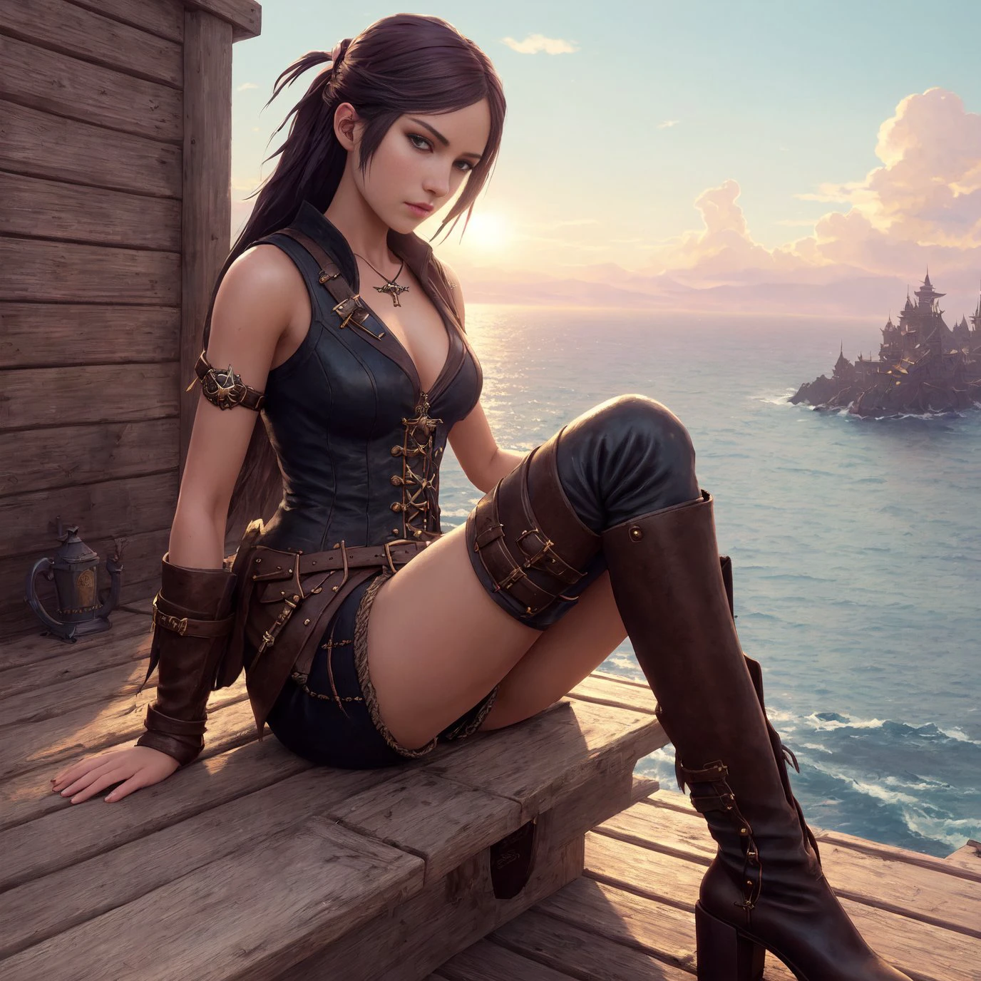 by Greg Rutkowski, modelshoot style, (extremely detailed CG unity 8k wallpaper), pirate girl in shorts sitting on a wooden deck, her hands folded crosswise, palm resting on her knee in pirate boots, dark fantasy style, masterpiece, highest quality, lens flare, shade, bloom, [[chromatic aberration]],  digital painting ,ultra-detailed ,  sharp focus, vivid colors