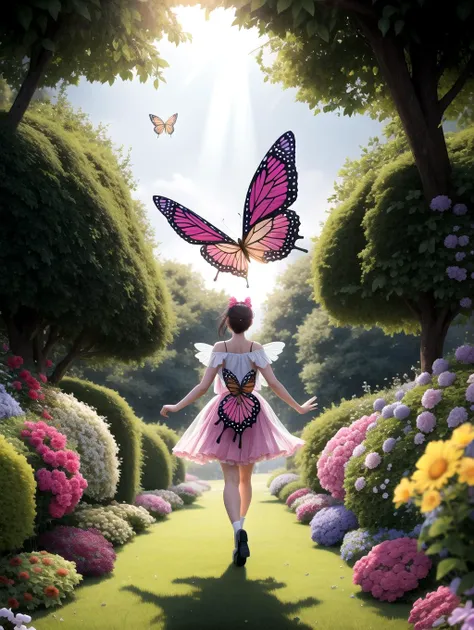 ((masterpiece), best quality, high quality, professional quality, highly detailed, highres, perfect lighting, natural lighting), group of fairies, butterfly wings, translucent wings, flying, magical garden