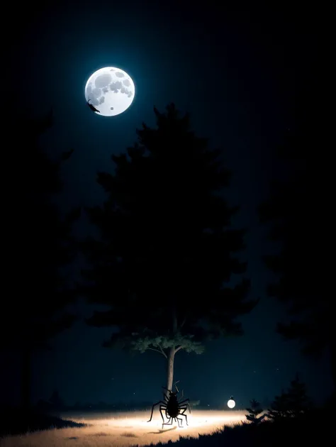 ((masterpiece), best quality, high quality, professional quality, highly detailed, highres, perfect lighting, natural lighting), giant spider, weaving web, between two trees, at night, moonlight, terrifying, horror theme