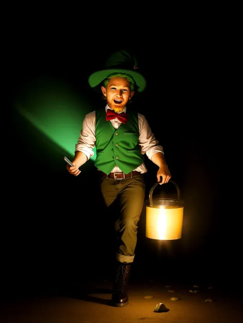 ((masterpiece), best quality, high quality, professional quality, highly detailed, highres, perfect lighting, natural lighting), leprechaun, hopping, on rainbow, holding pot of gold