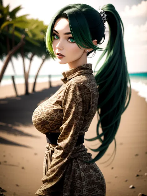 ((masterpiece), best quality, high quality, professional quality, highly detailed, highres, perfect lighting, natural lighting), (1girl, beautiful, medium breasts, (multicolored hair, silver hair,black hair,green hair, long hair, high ponytail), perfecteyes eyes), (wearing cheetah print, extremelyBeautiful_beautifulclotheswild/Extremely beautiful clothes), on the beach, walking the boardwalk, <lora:lora_perfecteyes_v1_from_v1_160:1>