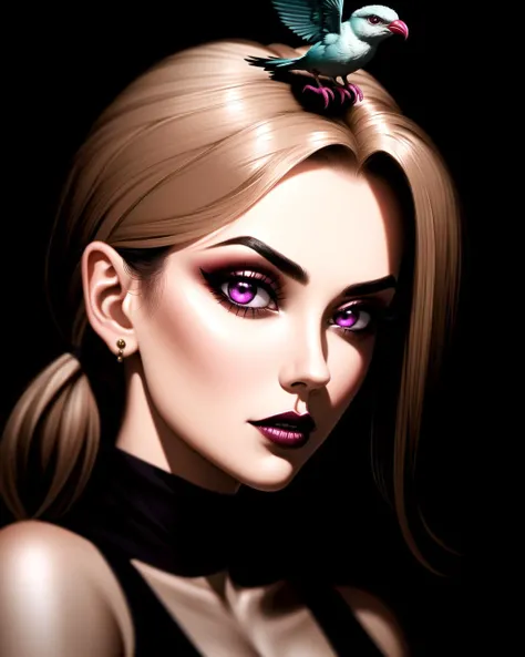 ((masterpiece), best quality, high quality, professional quality, highly detailed, highres, perfect lighting, natural lighting), portrait, ghostly, sinister gargoyle, Dark Skin, Brunette with a high ponytail and sleek straight hair, magenta cream lipstick, with a bird in flight in the foreground, perfecteyes eyes, <lora:lora_perfecteyes_v1_from_v1_160:1>