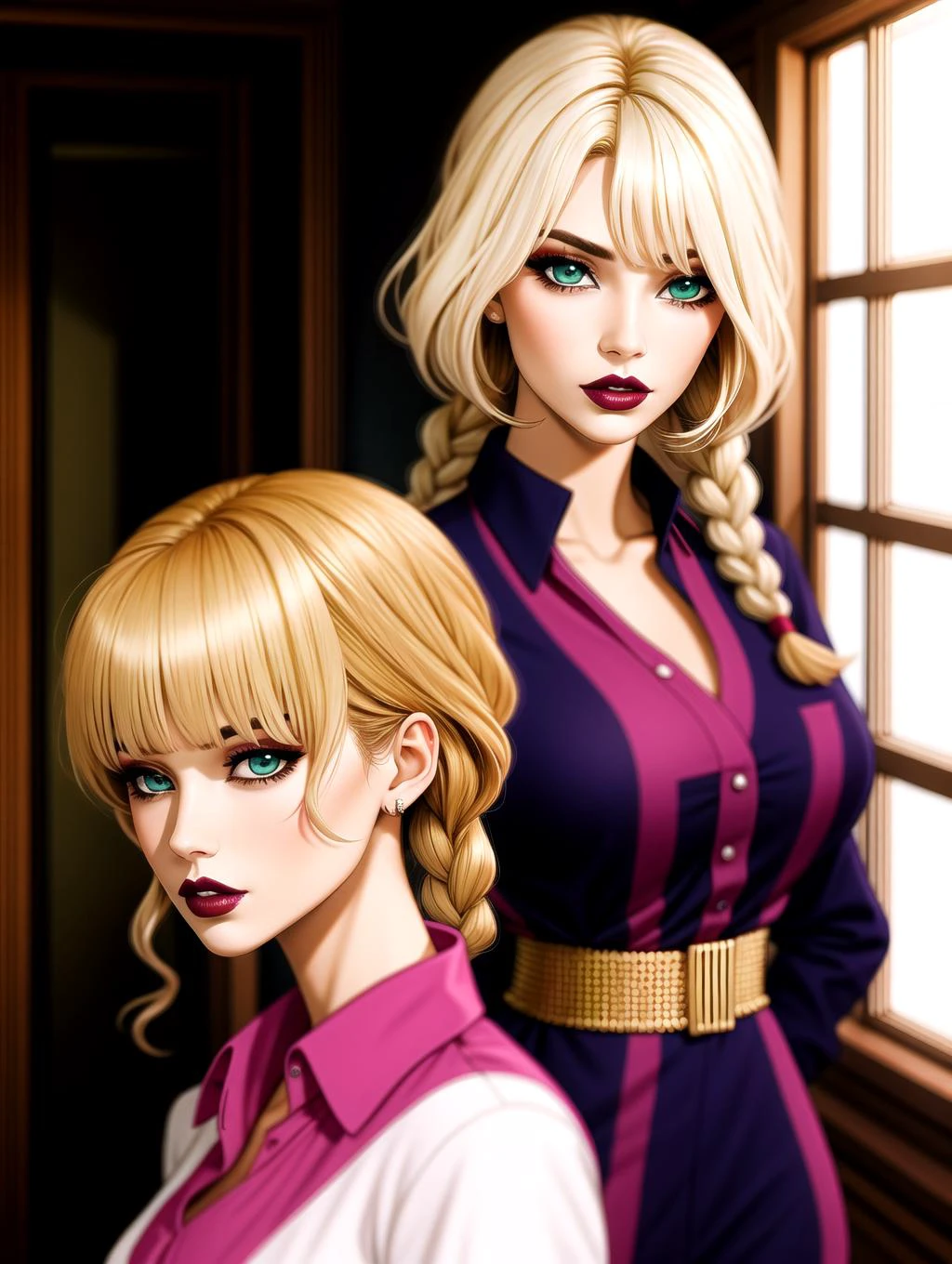 ((masterpiece), best quality, high quality, professional quality, highly detailed, highres, perfect lighting, natural lighting), Ivory Mesh Teddy, Athletic, Round Face, Dark Skin, Curved Nose, Thick Lips, Prominent Chin, Pink glossy lipstick, clip, platinum blonde Fine Hair Medium-Length Hair Braids, yacht or private boat, environmental light, window light,3 Housekeepers Discussing, the first one Tan Skin, Blonde with a braided crown and loose waves, green stain lipstick, the second one Olive Skin, Brunette with long layers and side-swept bangs, plum metallic lipstick, and the third one Olive Skin, Brunette with long layers and side-swept bangs, orange stain lipstick, perfecteyes eyes, <lora:lora_perfecteyes_v1_from_v1_160:1>