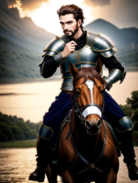 ((masterpiece), best quality, high quality, professional quality, highly detailed, highres, perfect lighting, natural lighting), (1boy, slender, handsome, facial hair, medium length hair, brown hair), wearing armor, riding a horse, by a lake, perfecteyes eyes, <lora:lora_perfecteyes_v1_from_v1_160:1>