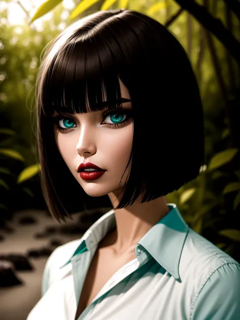 ((masterpiece), best quality, high quality, professional quality, highly detailed, highres, perfect lighting, natural lighting), portrait, dark, vengeful malevolent spirit, Tan Skin, Brunette with side-swept bangs and a layered bob cut, teal cream lipstick, with a mangrove forest in the background, perfecteyes eyes, <lora:lora_perfecteyes_v1_from_v1_160:1>