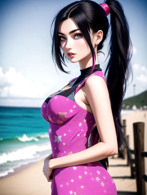 ((masterpiece), best quality, high quality, professional quality, highly detailed, highres, perfect lighting, natural lighting), (1girl, beautiful, medium breasts, (multicolored hair, white hair,pink hair,black hair, long hair, high ponytail), perfecteyes eyes), (wearing starfish print, extremelyBeautiful_beautifulclotheswild/Extremely beautiful clothes), on the beach, walking the boardwalk, <lora:lora_perfecteyes_v1_from_v1_160:1>