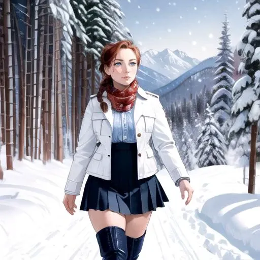 <lora:Milf:1>,mature female,late 30s,curvy,red head,braided ponytail,beautiful detailed face,light blue eyes,looking into the distance,breadth in the cold,thigh open light jacket,scarf,plunging shirt neck line,length black skirt,knee high boots,full,<lora:GoodHands-beta2:1>,body,walking through bamboo forest,twilight,gently snowing,snow on ground,150mm,dlrs,vibrant details,masterwork,best quality,masterpiece,Style-Winter,