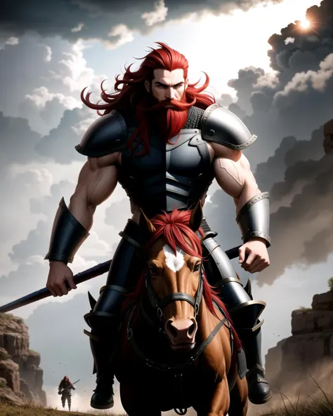 ((masterpiece), best quality, high quality, professional quality, highly detailed, highres, perfect lighting, natural lighting), (1boy, muscular, handsome, long beard, long hair, red hair), wearing armor, riding a dragon, on a battlefield, perfecteyes eyes, <lora:lora_perfecteyes_v1_from_v1_160:1>