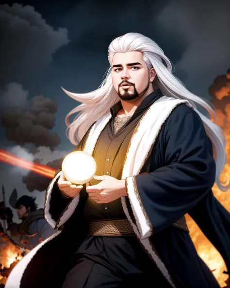 ((masterpiece), best quality, high quality, professional quality, highly detailed, highres, perfect lighting, natural lighting), (1boy, overweight, handsome, goatee, long hair, white hair), wearing wizard robes, running, on a battlefield, perfecteyes eyes, <lora:lora_perfecteyes_v1_from_v1_160:1>