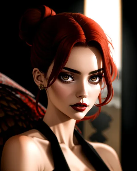 ((masterpiece), best quality, high quality, professional quality, highly detailed, highres, perfect lighting, natural lighting), mysterious, Ethereal presence with an otherworldly aura, Dark Skin, Redhead with a messy bun and loose strands, orange velvet lipstick, A weathered, tattered map leading to a forbidden and treacherous location, manticore, perfecteyes eyes, <lora:lora_perfecteyes_v1_from_v1_160:1>