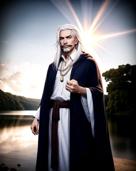 ((masterpiece), best quality, high quality, professional quality, highly detailed, highres, perfect lighting, natural lighting), (1boy, slender, handsome, mustache, long hair, white hair), wearing wizard robes, casting a spell, by a lake, perfecteyes eyes, <lora:lora_perfecteyes_v1_from_v1_160:1>