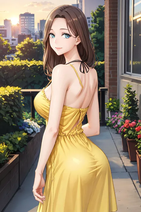 masterpiece, best quality,  <lora:aimom-nvwls-v1:1> 1girl, aimom, hair over shoulder, mature female, large breasts, (yellow sundress:1.2), from behind, garden, city, sunset, smile