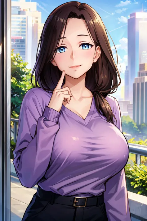 masterpiece, best quality,  <lora:aimom-nvwls-v1:1> 1girl, aimom, hair over shoulder, mature female, purple shirt, long sleeves, black pants, large breasts, looking at viewer, smile, happy, blue sky, city, upper body