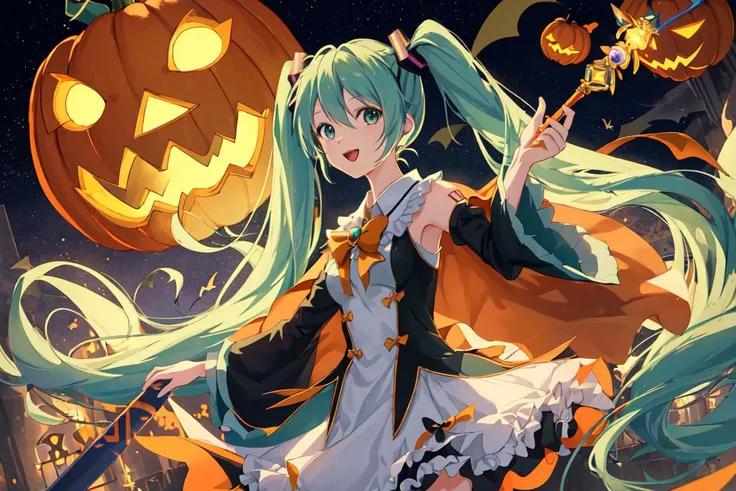 1girl, hatsune miku, ((masterpiece)), halloween, jack o lantern, looking at the viewer, cape, magic wand, wizard, floating, flying, magical girl