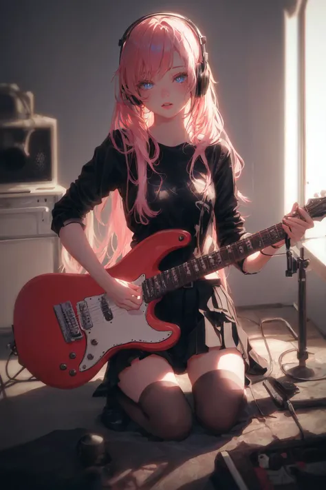 1girl, ((cinematic light)), colorful, hyper detail, dramatic light, intricate details, best quality, (extremely detailed CG unity 8k wallpaper, masterpiece, best quality, ultra-detailed, best shadow), (detailed background:1.4), (beautiful detailed face, beautiful detailed eyes), High contrast, (best illumination, an extremely delicate and beautiful),(girl:1.5), solo, black skirt, blue eyes, electric guitar, guitar, headphones, holding, holding plectrum, instrument, long hair, music, one side up, pink hair, playing guiter, pleated skirt, black shirt, indoors ((caustic)), dynamic angle,beautiful detailed glow,full body, cowboy shot,