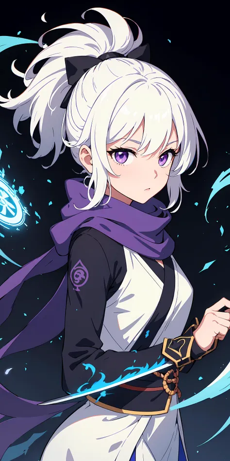 upper body, 1girl, white hair, ponytail, purple eyes, (ninja), short sword, medium breats ,scarf, wallpaper, magic circle background, light particles, blue fire,