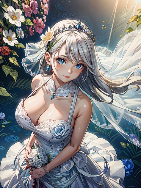 1girl, white_hair, green_eyes, animal_ear_fluff, animal_ears, bangs, bare_shoulders, blue_eyes, bouquet, breasts, bridal_veil, cat_ears, cleavage, closed_mouth, collarbone, dress, earrings, falling_petals, flower, grey_background, jewelry, long_hair, medium_breasts, necklace, pearl_necklace, pendant, petals, rose, rose_petals, short_hair, sleeveless, sleeveless_dress, solo, strapless, strapless_dress, tiara, upper_body, veil, wedding_dress, white_dress<lora:style_AGM:0.8>