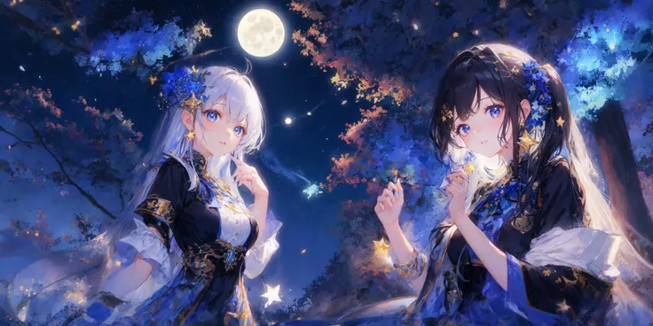 masterpiece, best quality, 1girl, starry sky, blue theme, moon