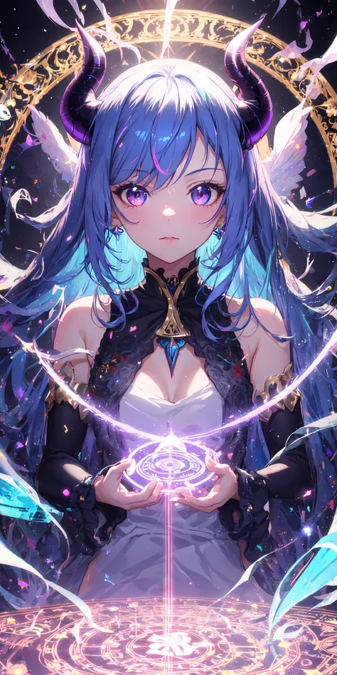 1girl, blue hair, horns, multicolored eyes, glowing, blue eye, purple eye, bare shoulders, demon eyes, magic circle, light particles, light rays, wallpaper,