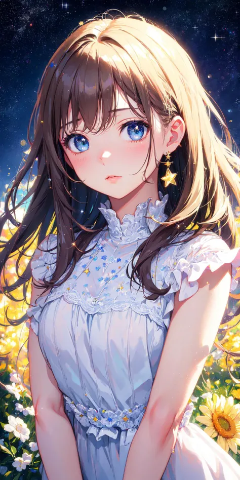 Film Portrait Photography, One girl, Exposing shoulders, Shoulder-length wavy hair, Brown Hair, Calm, (((Looking up at the night sky))), Calm, (Realistic eyes, Natural skin texture, Realistic facial details), Soft and dramatic lighting, Depth of written boundary, Bokeh, Vivid details, In detail, Ultra-realistic, 35mm Film, Blurred, movie,