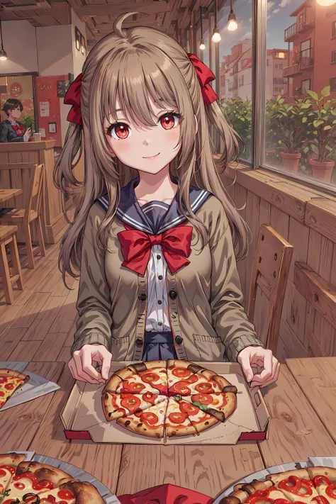 (masterpiece:1.6, bestquality), 1girl, (ultra-detailed, dark shadows), (black cardigan, red bowtie:1.35), sailor collar, ahoge, red eyes, indoors, black shirt, black skirt, (black serafuku), warm lighting, vivid colors, smile, facing viewer, restaurant, booth, (open pizza box, huge pizza:1.2), intricate details, bright and colorful, deep shadows, sharp focus, <lora:Neurosama:0.45> <lora:more_details:0.5>