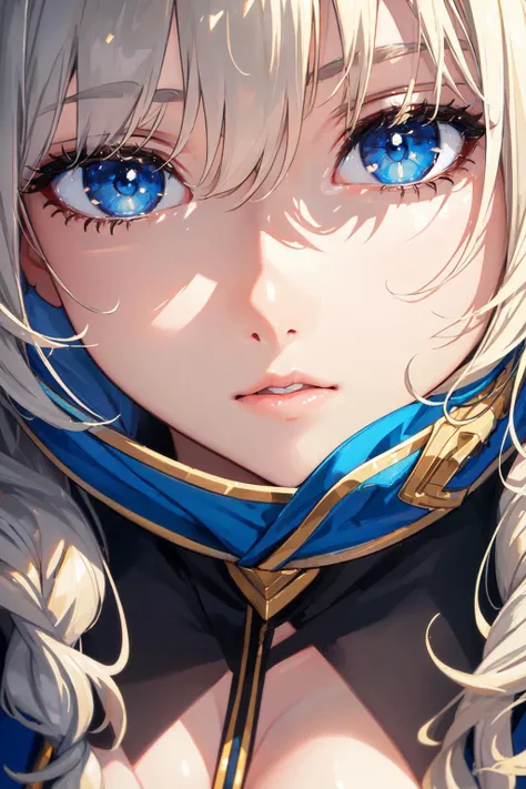 (((masterpiece))),((( best quality))), (((extremely detailed))), , overhead view, dynamic angle, close-up, 1girl, solo, mature female, large breasts, long hair, platinum blonde hair, twist braid, blue eyes, bright eyes,
