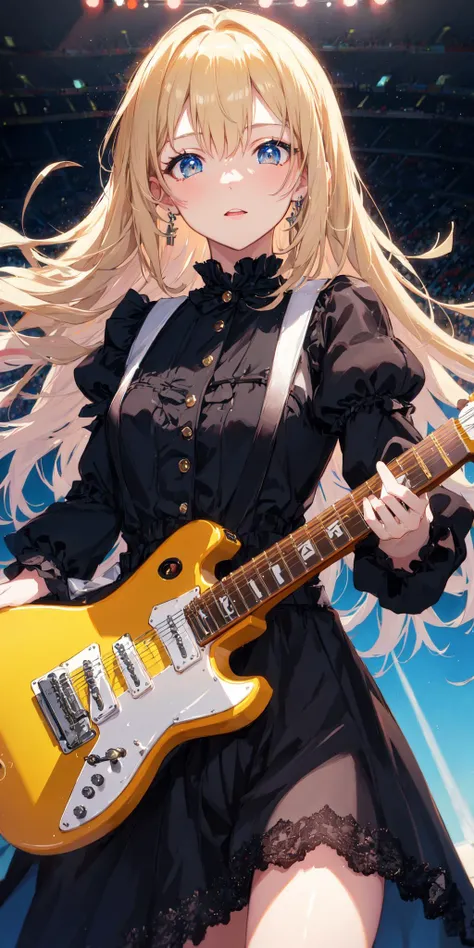 peeing self, peeing, peeing herself, blonde adult, perfect female figure, Tuesday Simmons, playing guitar on stage, white lolita dress, black pantyhose, lolita high heels, peeing self, peeing, peeing herself, peeing self, peeing, peeing herself,