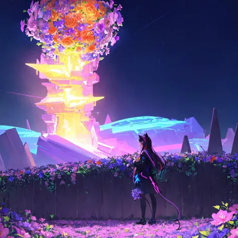 (1cat), ((small kitten sleeping)), dark and gritty, pastical, rule of thirds, Fibonacci sequence, digital holographic flowers, many flowers, ultrafine sharp intricate details, digital matrix style landscape, hundreds of multi colored flowers on ground, glowing neon code effect around all bright color, surreal, ultrafine highly detailed tiny neon flowers on ground in random colors, neon color undertones, giant flowery spaceship in far distance of horizon, blue flower, pink flower, red flower, orange flower, purple flower, yellow flower, high octane sparkle effect, ultrafine detailed starry sky, cloud, colorful,