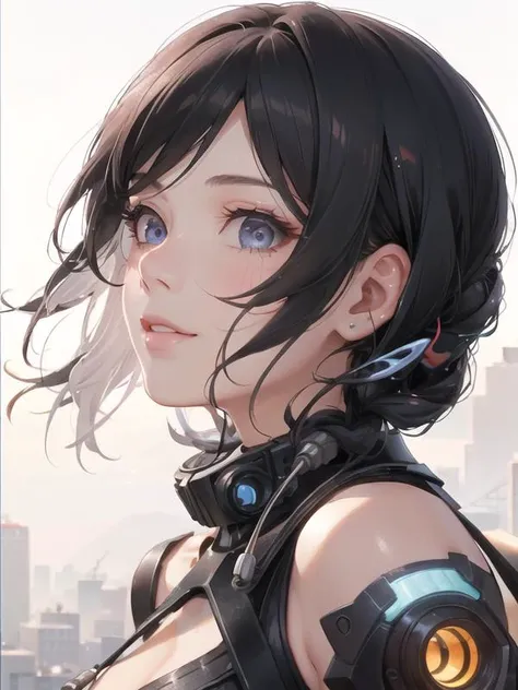 (masterpiece, finely detailed beautiful eyes: 1.2), white hair, open clothes,off shoulder, volumetric lighting,  cyberpunk, futuristic, light smile, detailed, realism, good anatomy, beautiful lighting, photorealistic, realistic shadows, realistic lighting, raytracing,god ray, rule of thirds, (illustration:1.1), beautiful face, highly detailed face, ultra realistic, colorful, side view,simple background, lens 135mm,f1.8,close-up