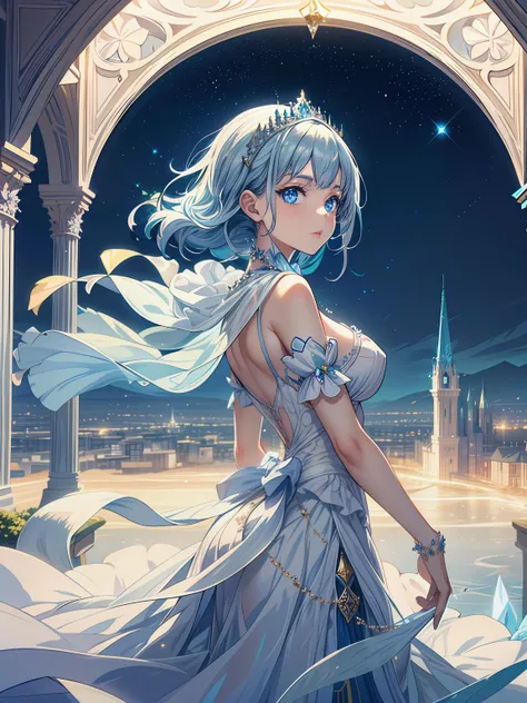 Artistic AI Art Galaxy、one girl、dynamic pose、"A Noblewoman's Whimsical Adventure" Imagine a beautiful, elegant noblewoman, dressed in a stunning gown with intricate lace and beadwork, standing in front of a glowing, ethereal portal. She looks curious and adventurous, with a hint of mischief in her eyes. The portal seems to be leading her to a fantastical world, full of magical creatures, ancient ruins, and hidden wonders. The atmosphere is dreamy and surreal, with soft, pastel colors and delicate lighting.